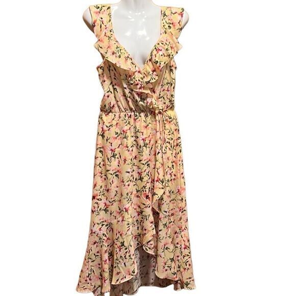 SOCIALITE DRESS XS YELLOW PINK RUFFLE PRINT WRAP MIDI ROMANCE FAIRYCORE SEXY - Picture 10 of 15